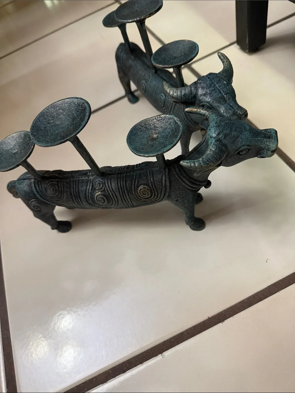 Antique-Style Patina Green Ceramic Bull Wall Candle Holder